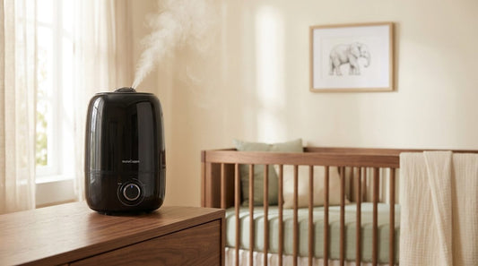 InstaCuppa Ultrasonic Cool Mist Humidifier 4L on a nursery dresser beside a wooden crib — InstaCuppa