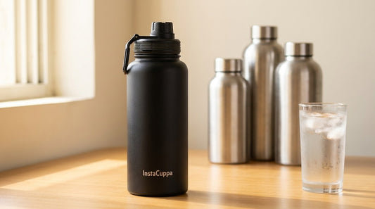 InstaCuppa Insulated Water Bottle 1L in matte black beside a glass of ice water and three plain steel bottles on a wooden table - InstaCuppa