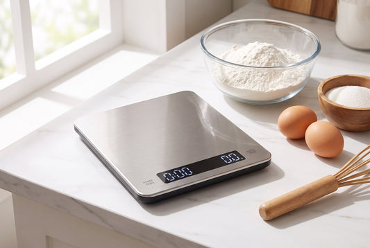 Best kitchen weighing scale in India 2026 on a marble counter with baking ingredients