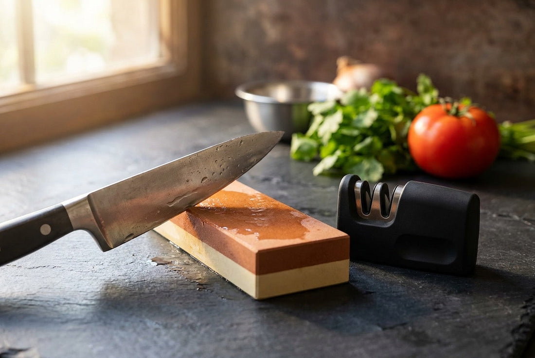 Best knife sharpener India — chef knife on a whetstone beside a manual pull-through sharpener