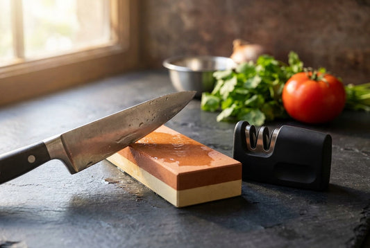 Best knife sharpener India — chef knife on a whetstone beside a manual pull-through sharpener
