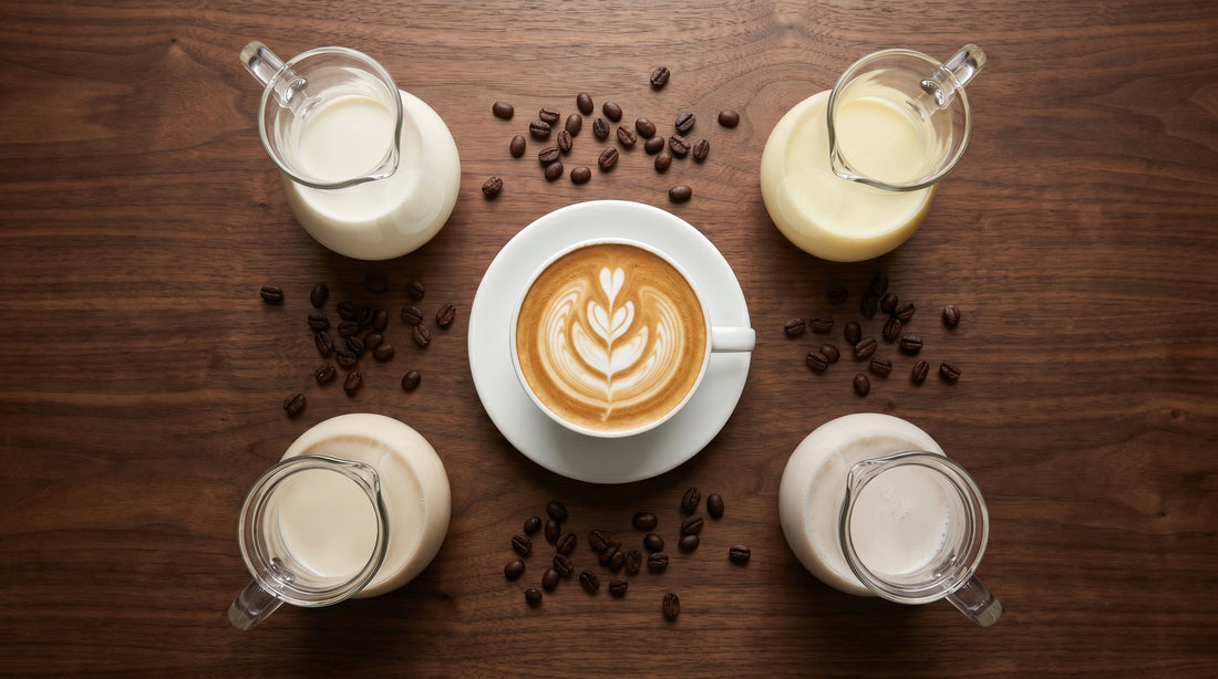 Different types of milk for latte art with rosetta latte art cup in center