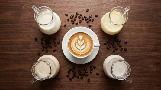 Different types of milk for latte art with rosetta latte art cup in center