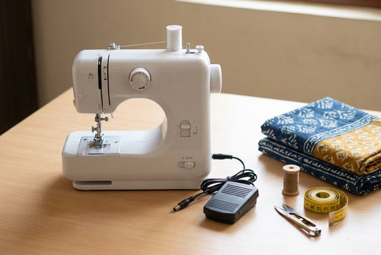 Compact white mini sewing machine with foot pedal, folded block-print cotton, thread spool and measuring tape on a wooden table