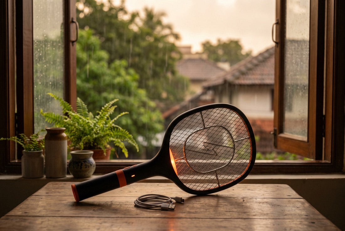 Best mosquito racket in India 2026 resting on a table by a monsoon window