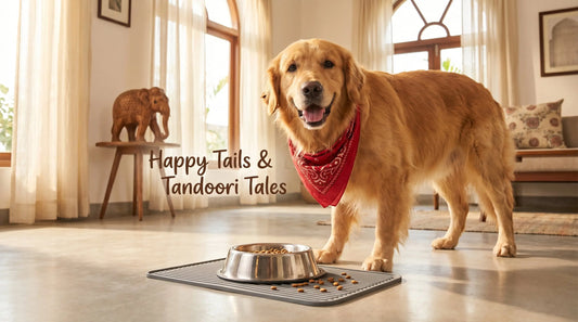Dog eating from bowl on silicone pet feeding mat on clean Indian home floor