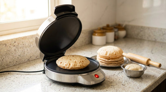 Silver electric roti maker open on a granite counter with a cooked roti on the plate, a stack of puffed rotis and a bowl of atta dough