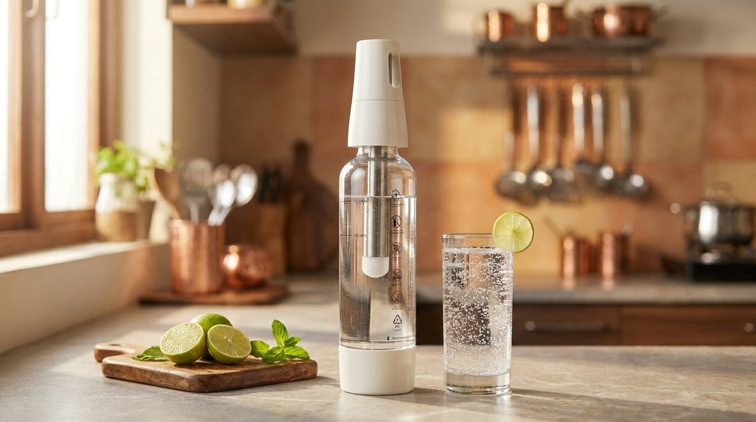 InstaCuppa Portable Soda Maker beside a glass of sparkling water with lime on a kitchen counter - best soda maker in India 2026