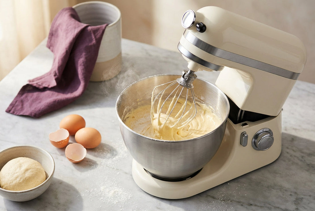 Best stand mixer in India 2026 whipping cake batter with dough and eggs on a kitchen counter