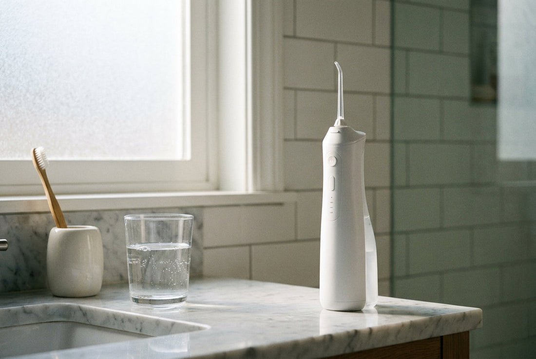 Best water flosser in India shown by a white cordless water flosser on a marble bathroom counter next to a glass of water