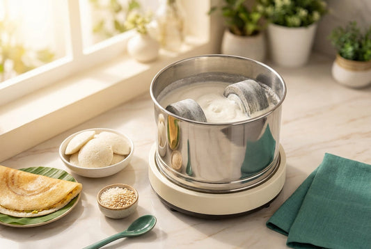 Best wet grinder in India 2026 grinding idli and dosa batter on a kitchen counter