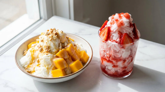 Mango bingsu bowl and strawberry kakigori glass — Korean and Japanese shaved ice desserts