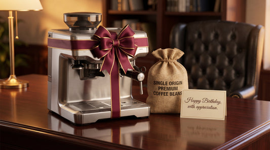 Birthday gift for boss - InstaCuppa coffee grinder and travel mug on an office desk with birthday card