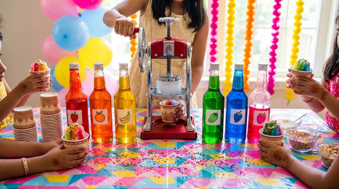 DIY gola bar setup for kids birthday party with colorful syrups, ice shaver, and festive decorations