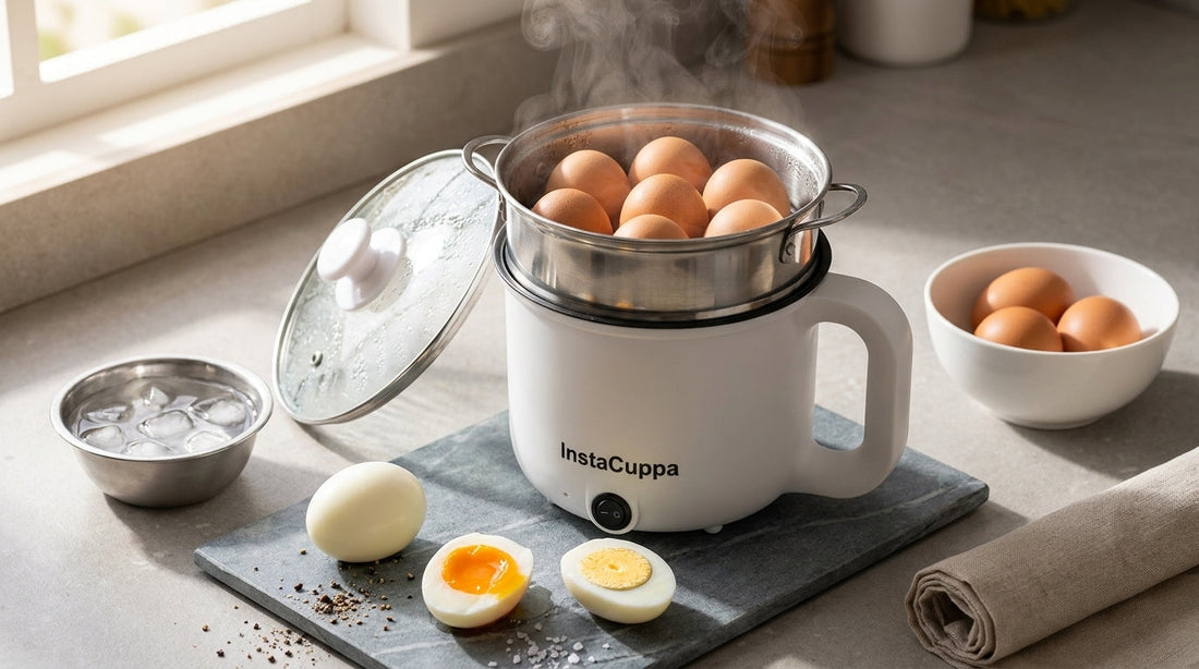 A white InstaCuppa multicook kettle with brown eggs steaming in its steel basket, glass lid resting aside, and three boiled eggs on a slate board showing a runny yolk, a firm yolk and a peeled white