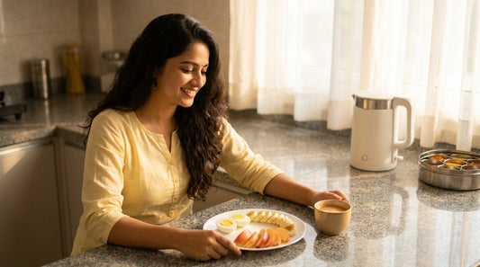 Indian woman enjoying boiled eggs breakfast with multicook kettle - boiled egg benefits