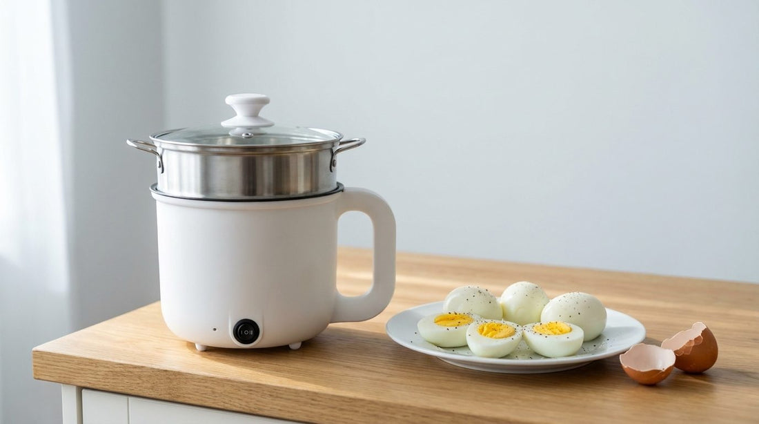 InstaCuppa Multicook Kettle beside a plate of six hard-boiled eggs - boiled egg protein chart for 1 to 6 eggs