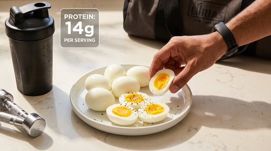 Boiled eggs on a plate next to a gym shaker bottle and dumbbells with protein measurement overlay