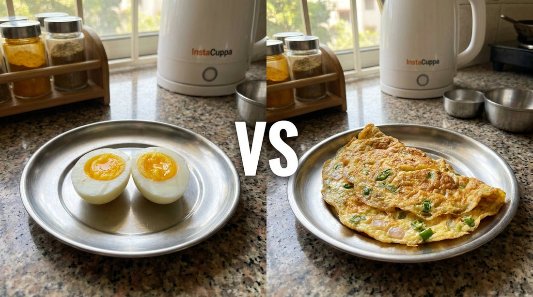 Boiled egg vs omelette comparison on Indian breakfast table with multicook kettle