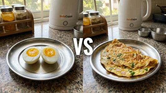 Boiled egg vs omelette comparison on Indian breakfast table with multicook kettle
