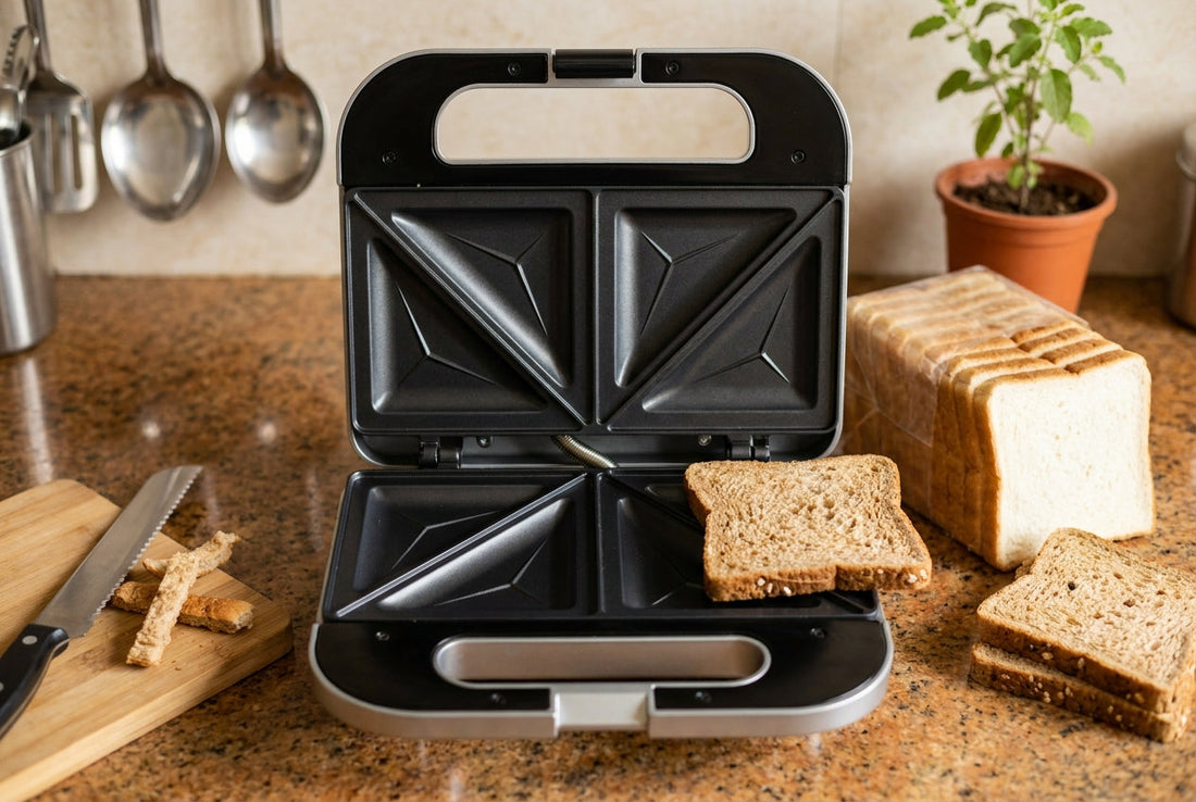 Bread size for sandwich maker - bread slices beside an open grill sandwich maker on an Indian kitchen counter