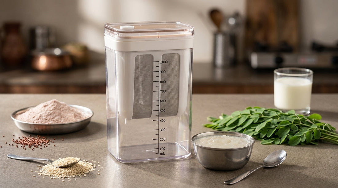 InstaCuppa Greek Yogurt Maker 1100 ml clear canister with its stainless steel mesh strainer on an Indian kitchen counter, beside a steel katori of thick set curd, a bowl of ragi flour, a spoonful of white sesame seeds and fresh drumstick leaves