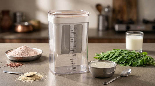 InstaCuppa Greek Yogurt Maker 1100 ml clear canister with its stainless steel mesh strainer on an Indian kitchen counter, beside a steel katori of thick set curd, a bowl of ragi flour, a spoonful of white sesame seeds and fresh drumstick leaves