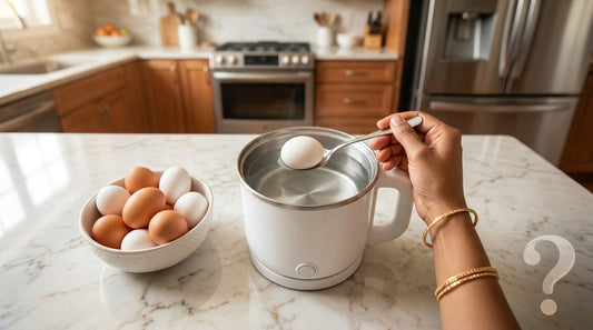 Indian woman placing egg into multicook electric kettle - can you boil eggs in electric kettle
