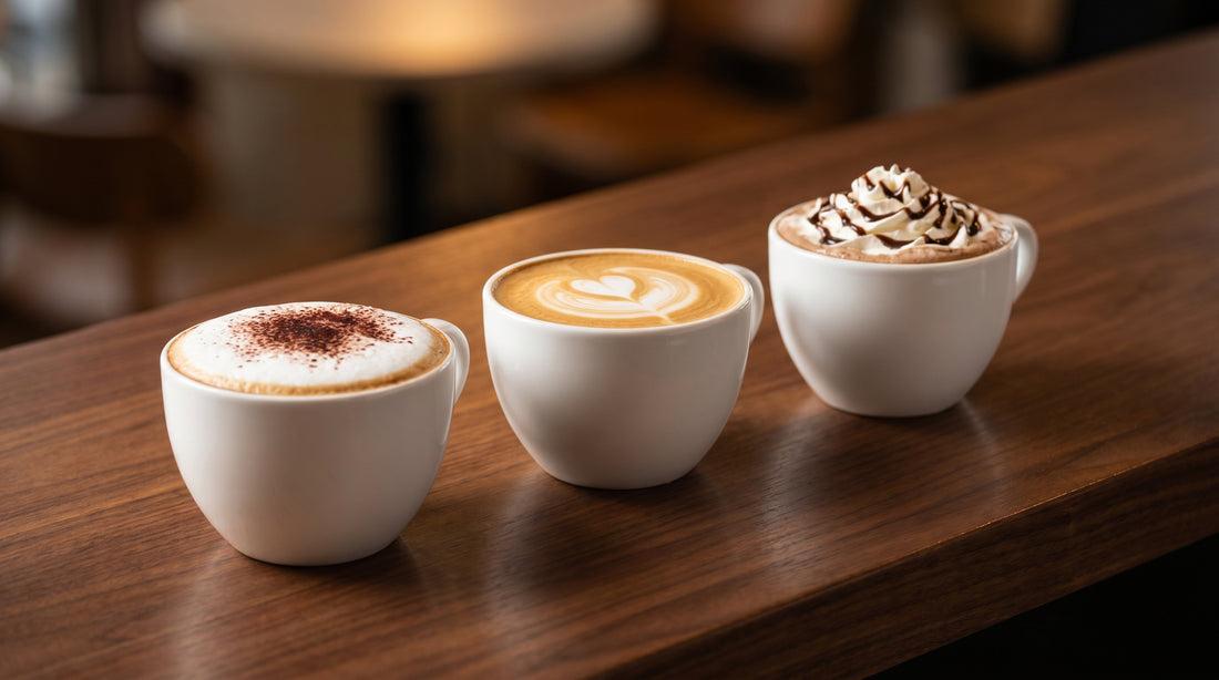 Cappuccino vs latte vs mocha side by side comparison in white cups on dark wood counter