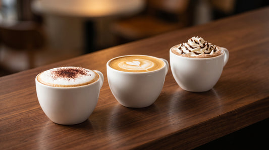Cappuccino vs latte vs mocha side by side comparison in white cups on dark wood counter