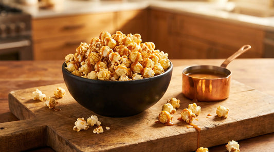 Caramel popcorn recipe in dark bowl with golden caramel drizzle