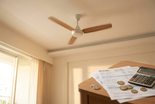 Ceiling fan power consumption shown with an Indian electricity bill, calculator and rupee coins