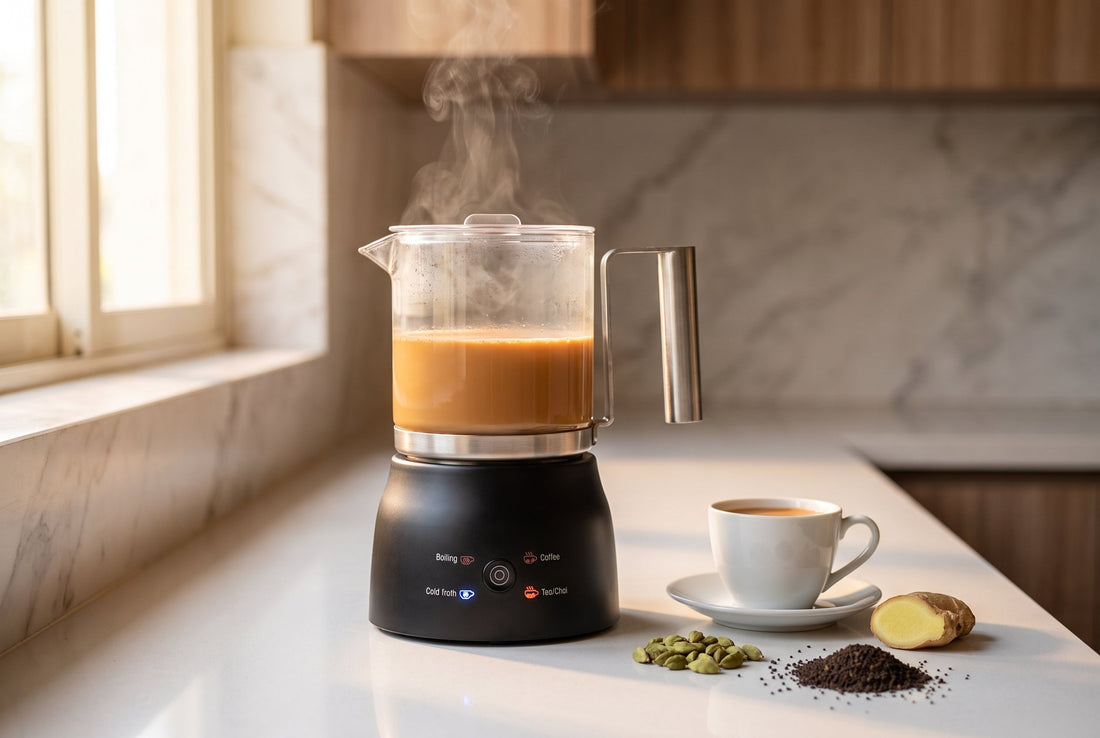 InstaCuppa automatic chai maker machine brewing milk chai in a glass carafe on an Indian kitchen counter