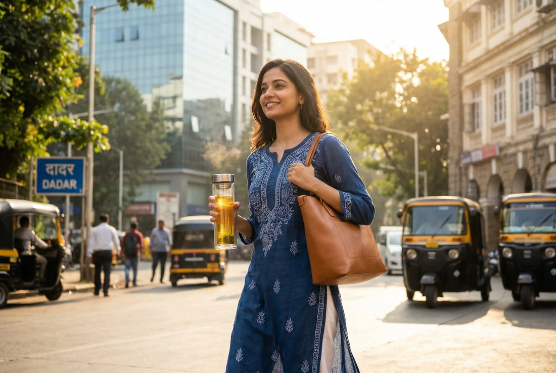 Indian woman walking on city street holding a glass tea infuser bottle with golden herbal tea