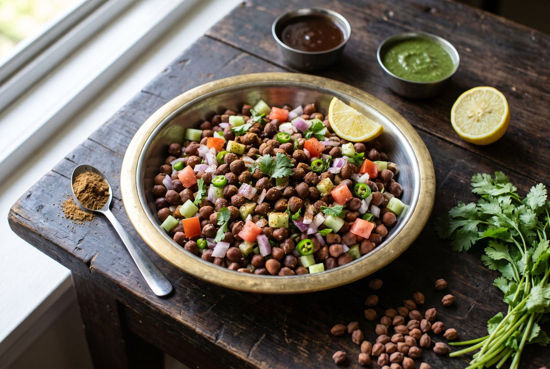 A brass-rimmed steel bowl of kala chana chaat with diced onion, tomato, cucumber, green chilli and coriander, beside katoris of tamarind and green chutney, lemon halves, a spoon of chaat masala and loose raw kala chana on a wooden table
