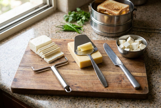 A stainless steel wire cheese slicer beside sliced paneer, a cheese plane lifting a curl from a cheddar block, and a knife next to a katori of paneer cubes on a wooden board in an Indian kitchen