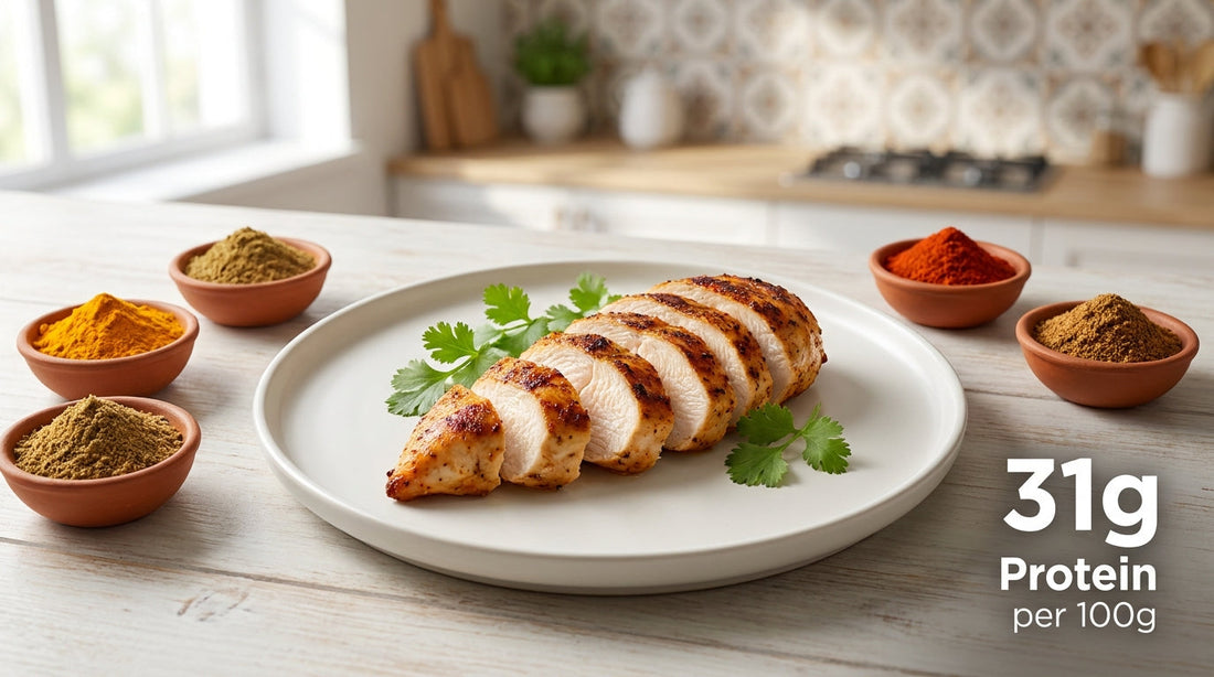 Chicken breast protein guide for Indian gym-goers - protein per 100g raw vs cooked