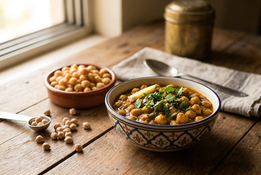 Chole calories shown by a katori of chole masala, a bowl of boiled chickpeas, and dry chickpeas on a wooden table