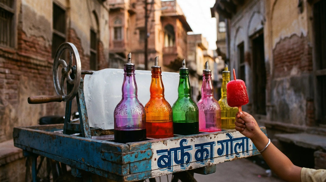 Indian gola wala pushcart with colorful syrup bottles and a child reaching for a red chuski gola — nostalgic 1990s street scene at golden hour