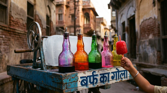 Indian gola wala pushcart with colorful syrup bottles and a child reaching for a red chuski gola — nostalgic 1990s street scene at golden hour