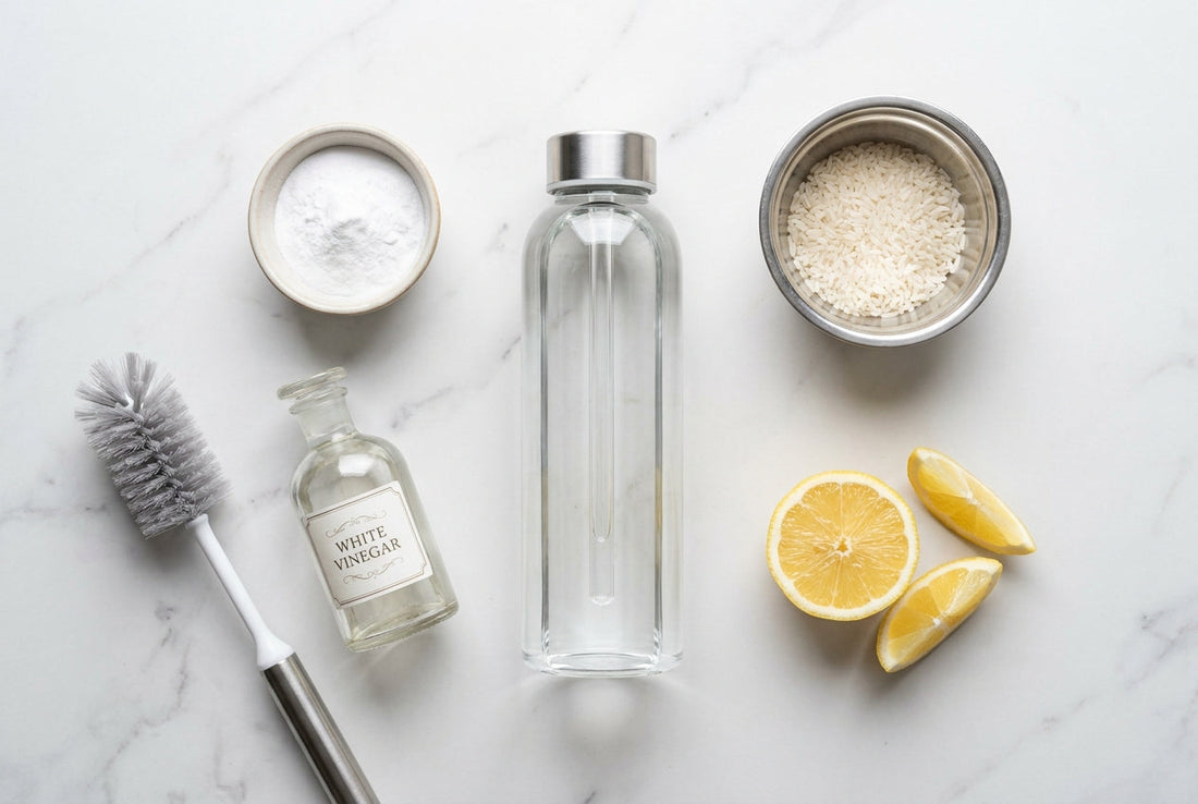 Clean glass water bottle with baking soda, vinegar, bottle brush, rice, and lemon on marble countertop - how to clean water bottle
