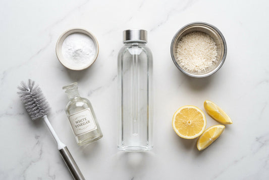 Clean glass water bottle with baking soda, vinegar, bottle brush, rice, and lemon on marble countertop - how to clean water bottle