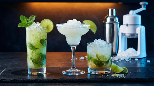 Frozen cocktails - mojito margarita caipirinha with crushed and shaved ice