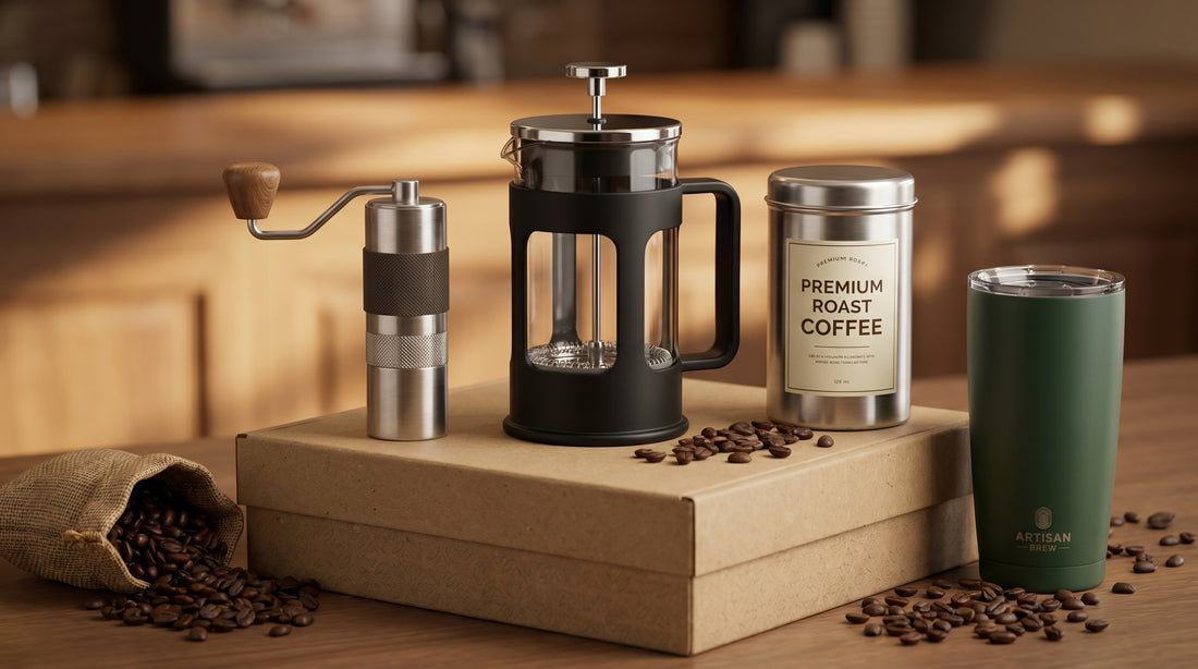 Coffee gift hamper for corporate gifting - grinder moka pot and frother set