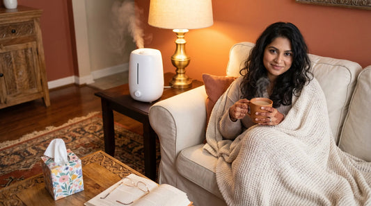 Humidifier providing relief in an Indian home with a person resting on a couch during cold season