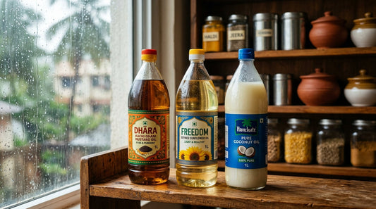 Indian cooking oil bottles stored safely on kitchen shelf during monsoon