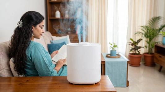 Cool mist ultrasonic humidifier releasing fine mist in a modern Indian living room