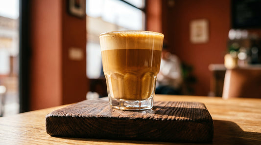 Cortado coffee in a clear Gibraltar glass on a rustic wooden board with warm Spanish cafe ambiance and morning sunlight