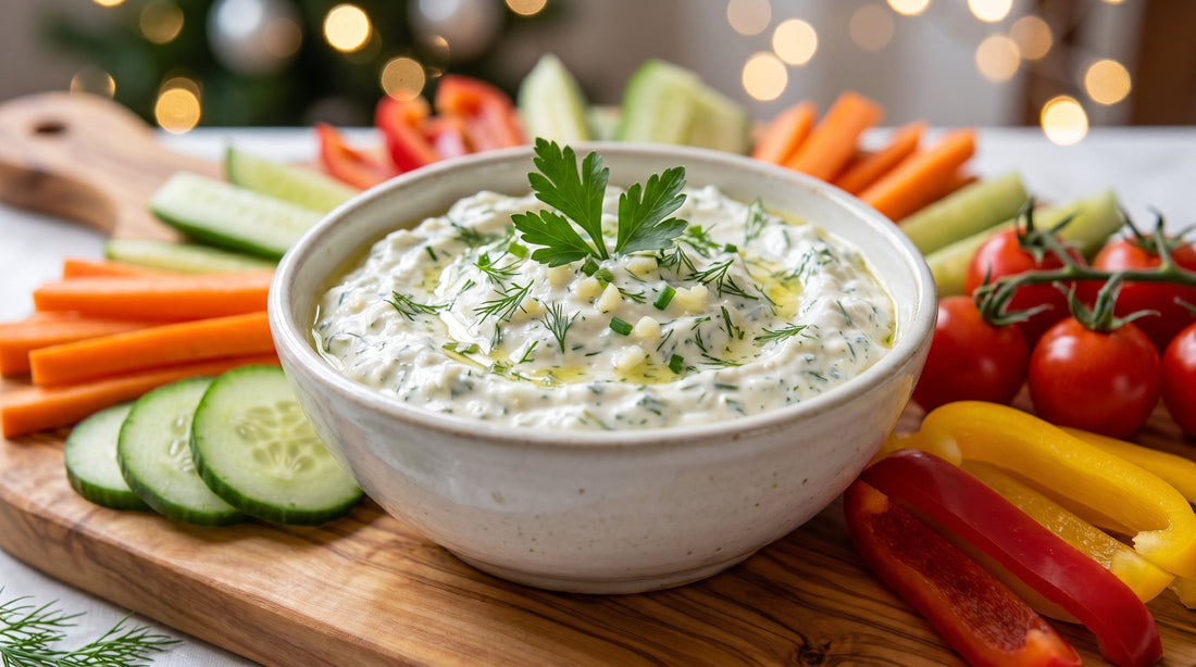 Thick green mint curd dip in a bowl with vegetable sticks and crackers on a wooden board