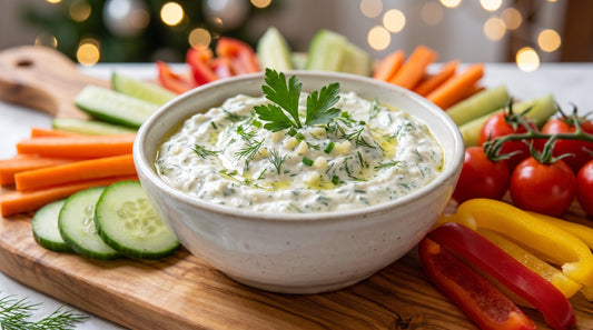 Thick green mint curd dip in a bowl with vegetable sticks and crackers on a wooden board